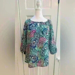 Liz Claiborne petite blouse size PL, 100-% cotton, 3/4 sleeves, tie neckline.